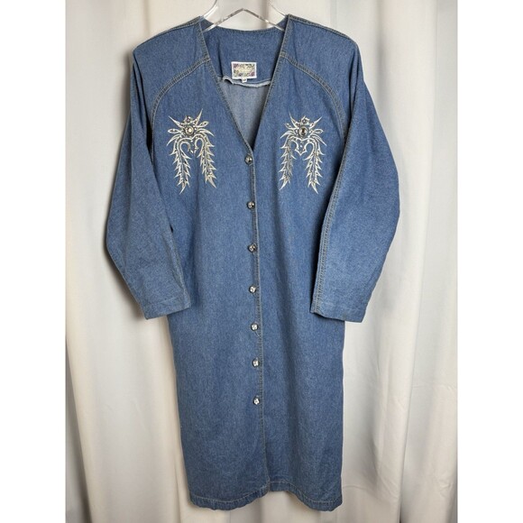 Vintage Monique Fashions Embroidery Embellished Blue Denim Long Duster Jacket - Picture 1 of 8